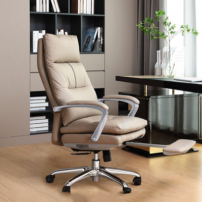 Reclining Genuine Leather Office Chair with Footrest Adjustable Height and Modern Design
