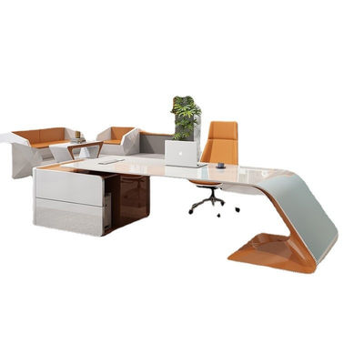 Office Furniture Luxury Design Glossy Executive Desk with L Shape and Long Size Cabinet