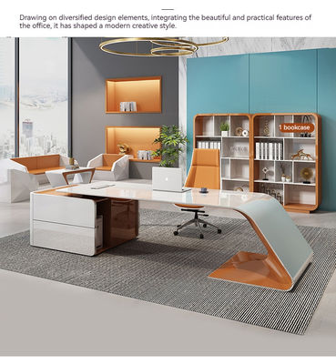 Office Furniture Luxury Design Glossy Executive Desk with L Shape and Long Size Cabinet