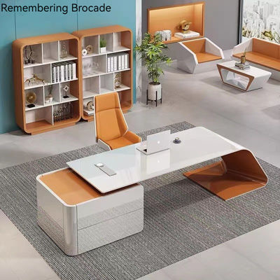 Office Furniture Luxury Design Glossy Executive Desk with L Shape and Long Size Cabinet