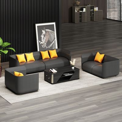 Chinese Style Reception Room Office Sofa Set with Three Leather Sofas and Coffee Table