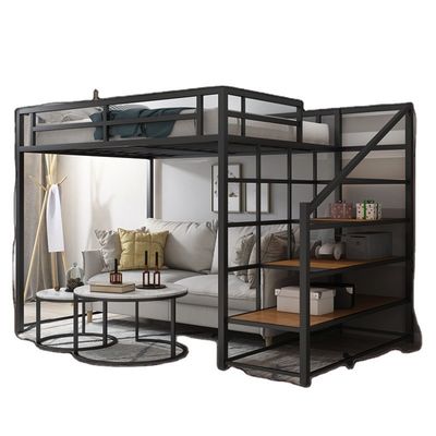 Banister Stairs Double Loft Bed with Metal Frame and Space Capsule Hotel Bed Cabinet